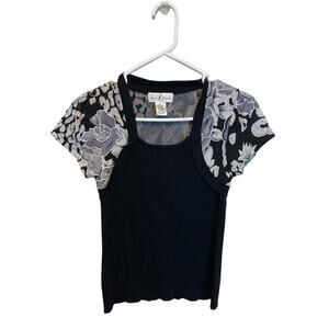 Once Again Y2K Style Black & White Short Sleeve Floral Shrug Blouse Size Small